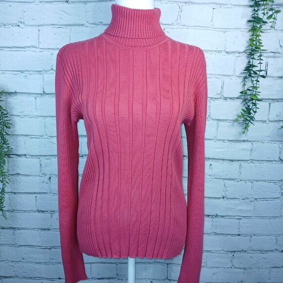 WOMENS JONES NEW YORK SPORT RIBBED TURTLENECK SWEATER, BERRY PINK, SIZE LARGE - Picture 1 of 8